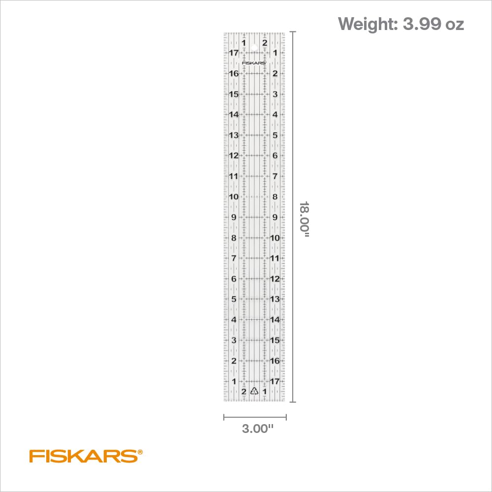 Fiskars Sewing Ruler, 3" x 18" Acrylic Ruler with Gridlines, Sewing and Quilting Supplies, Arts and Craft Supplies, Clear