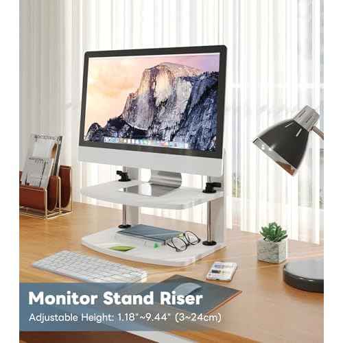 Computer Monitor Stand Riser for Reduced Neck Strain, Adjustable Height Desk Shelf Organizer Monitor Riser Stand for PC Monitor - Not for Laptop - Withe - Wood Grain, MR01-M
