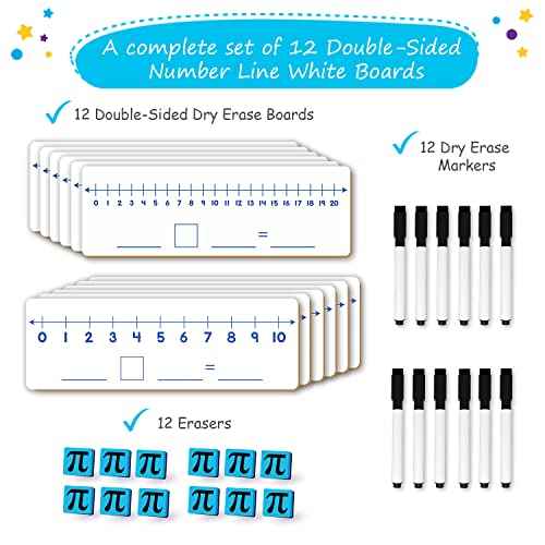 12-Pack Double-Sided Dry Erase Number Line White Boards - 4"x12", Elementary Numberline Strips, White Boards for Students, Math Manipulatives Must Haves, Number Line for Classroom Set - Simply Magic