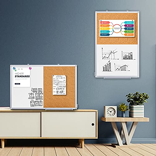 White / 36x24 Inch Magnetic Whiteboard and Cork Board Combo with Aluminum Frame