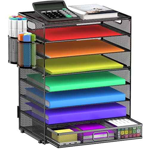 8 Tier Paper Letter Tray Organizer with Drawer & 2 Pen Holders, Mesh Desk File Holder Storage Organization for Home School Classroom & Office