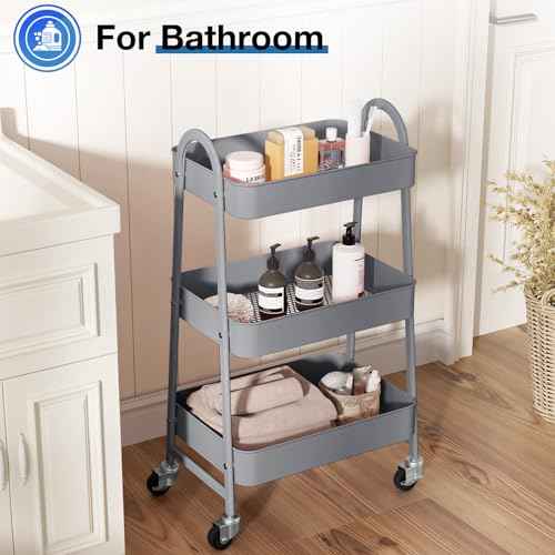 OLIXIS 3 Tier Utility Rolling Cart with Lockable Caster Wheels, Metal Mobile Storage Shelf, Organization for Livingroom, Bathroom, Kitchen, & Narrow Places, Light Grey