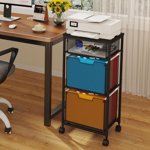3 Drawer Mobile File Cabinet for Home Office, Rolling Filing Cabinet on Lockable Wheels, Hanging File Folders Organizer, Utility Cart Storage and Organizer, Printer Stand, Black