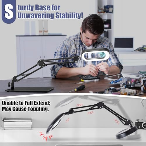 Drdefi 12X Square Magnifying Desk Lamp with Light & Clamp - Black
