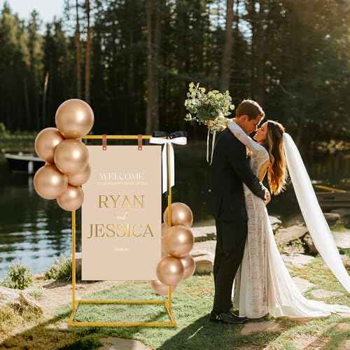 Wedding Welcome Sign Stand, 57¡±x31¡±x16¡± Heavy Duty Easel Stand for Sign with Balloons & Satin Ribbon & Leather Strap, Welcome to Our Wedding Sign Stand Holder for Seating Chart, Posters, and Decor (Golden, 57x31x16inch)