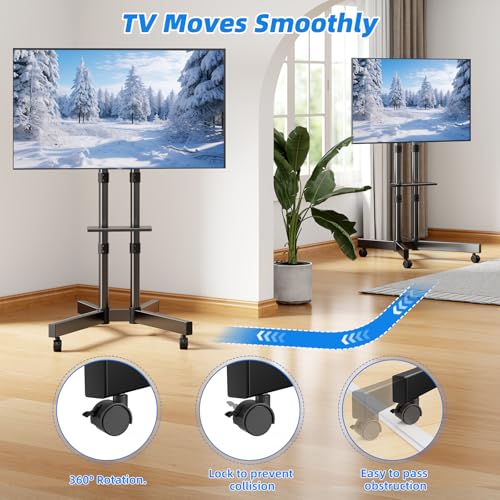 Rolling TV Stand with Laptop Shelf, Mobile TV Stand with Upgraded Wheels for 32-75 Inch TV, Height Adjustable Mobile TV Cart up to 110lbs, for Outdoor, Home, Office (with Shelf)