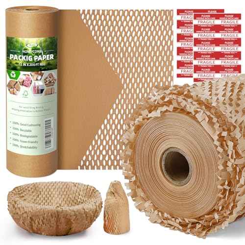 Honeycomb Packing Paper,12" W x 200' L Bubble Cushioning Wrap for Moving,Products & Gifts Wrapping Paper,Recyclable and Biodegradable Cushioning Packing Material with 20 Fragile Sticker Labels