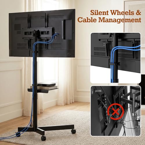 SIMINGTEC Rolling TV Stand on Wheels for 23-60 inch Flat/Curved TVs – Black with Shelf