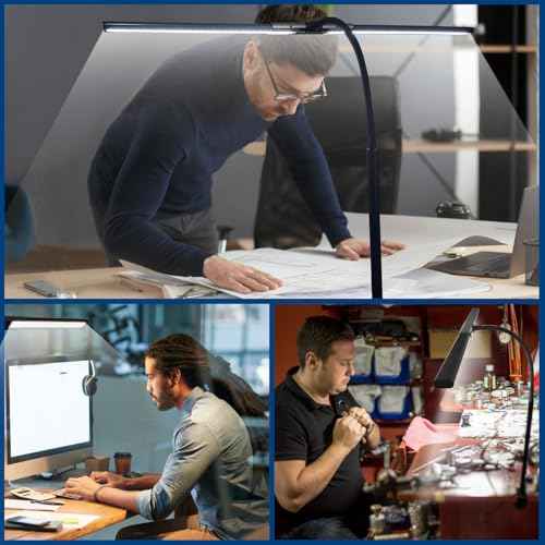 Desk Lamp for Home Office, Eye-Caring Architect Desk Lamp with Clamp, 24W Ultra Bright Auto Dimming Computer Light Stepless Dimming and Tempering Table Light for Reading, Study, Work