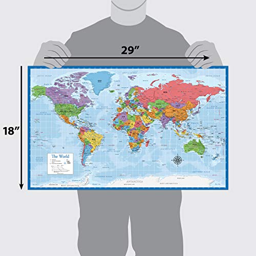 Laminated World Map Poster - Wall Chart Map of Earth - 18" x 29" (Blue)