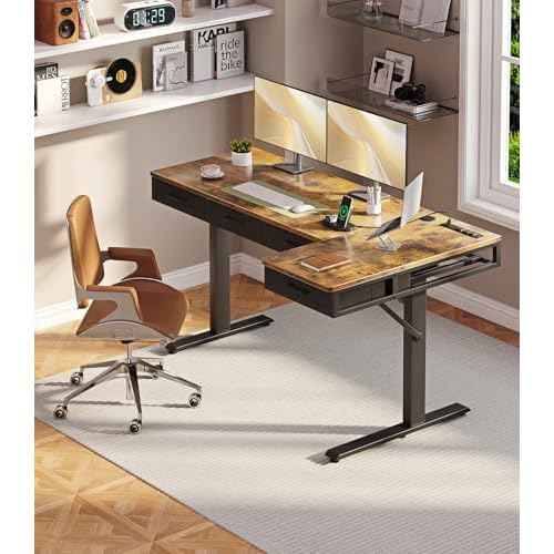 OffiGo 63 Inch L Shaped Electric Standing Desk with Drawers, Height Adjustable Large Desk with Power Outlets, Sit Stand Table, Writing Computer Desk for Home, Office, Workstation, Rustic Brown