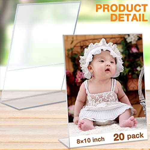 Tuanse 20 Pack Acrylic Photo Sign Holder 8 x 10 Inch Plastic Picture Frames Clear Photo Booth Slanted Back Vertical Table Paper Menu Display Stand Portrait Frames Flyer Holder for Home Office Store
