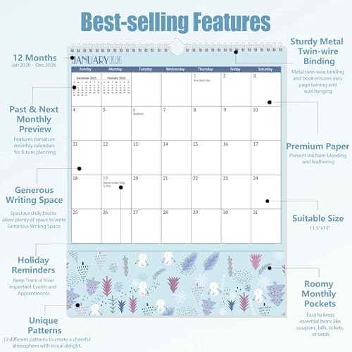 GuassLee Pocket Wall Calendar 2026, Monthly Wall Calendar with Pockets From Jan. 2026 to Dec. 2026, 12-Month Aesthetic Hanging Wall Planner for Office School Home Organizing, 11.5" x 14"