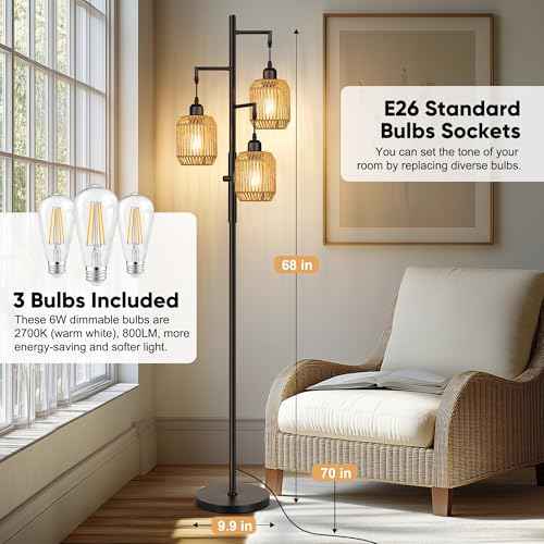 ROTTOGOON Dimmable Boho Floor Lamp - 3 Light Farmhouse Rattan Floor Lamp for Living Room, Industrial Tree Floor Lamps with 3 X 6W LED Bulbs, Rustic Standing Tall Lamp for Bedroom, Office, 68", Black
