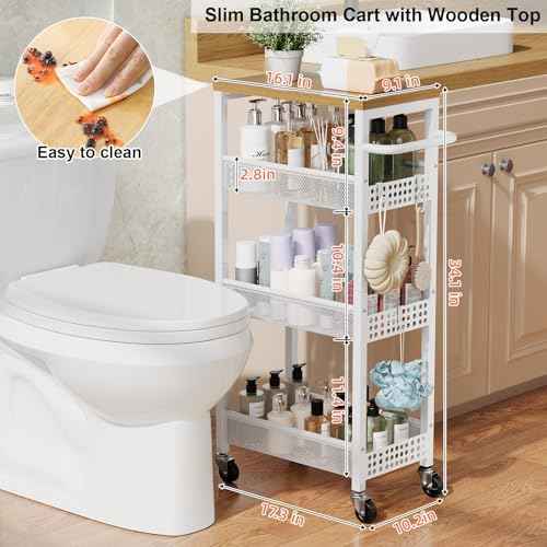 Slim Storage Cart 4 Tier Fruit and Vegetable Baskets for Kitchen Small Space, Narrow Rolling Cart on Wheels with Wooden Top and Metal Handle for Pantry, Bathroom, Laundry Room
