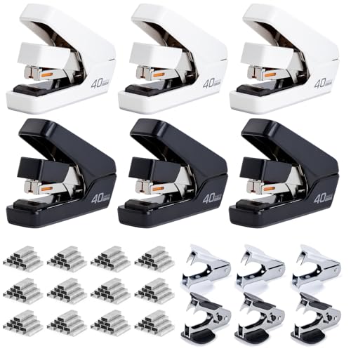Deli Stapler, Effortless Staplers for Desk, 40 Sheet Capacity Heavy Duty, One Touch, No Effort, Easy to Load, with 2000 Staples & Staple Remover, 6 Pack, Black&White