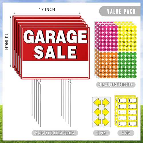 Garage Sale Kit (10 Pcs), 5 Pack Garage Sale Signs with Metal Stakes, 5 Pack Yard Sales Price Stickers, Directional Arrows Sign, Yard Sales Supplies, Double Sided, Weatherproof, Large Price Tags