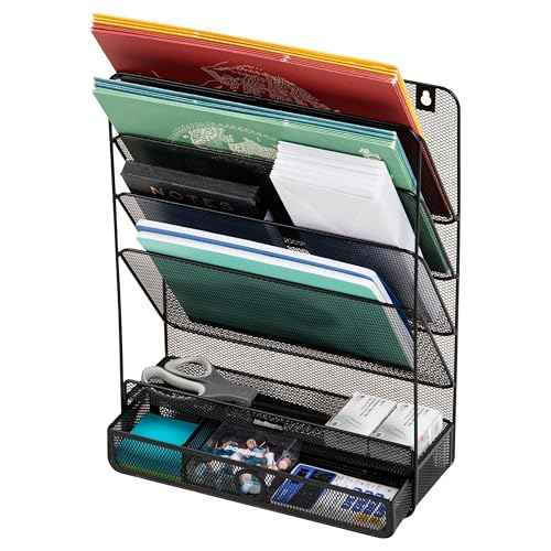 Mind Reader 4-Tier Vertical File Storage, Desktop Organizer, Wall Mount, Office, Metal Mesh, 12.5" L x 4" W x 16.5" H, Black
