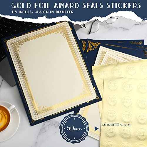 Fainne 50 Sets Certificate Kit Includes 50 Pcs 9.5 x 12 Inch Certificate Holders 50 Pcs Letter Size Papers 50 Pcs Foil Award Seals Diploma Covers for Appreciation(Navy Blue, Gold)
