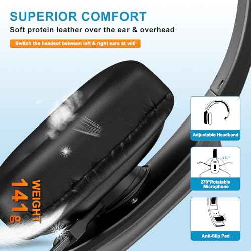 Bluetooth Headset, 60hrs Noise Canceling V5.2 Over Head Headphones, Single Ear Trucker Wireless Headset with Mic, Mute Button, Multipoint, for Phones PC Computer Truck Driver Office Work - Black