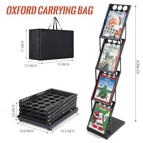 Literature Catalog Rack, Foldable Magazine Brochure Display Stand, Magazine Floor-Standing with Portable Oxford Bag, for Office Store and Exhibition Trade Show (4 Pockets, Black)