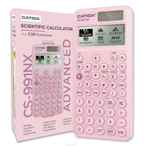 Pink Scientific Calculator with Textbook HD Display, Solar & Battery, Hard Case - CATIGA CS-991NX