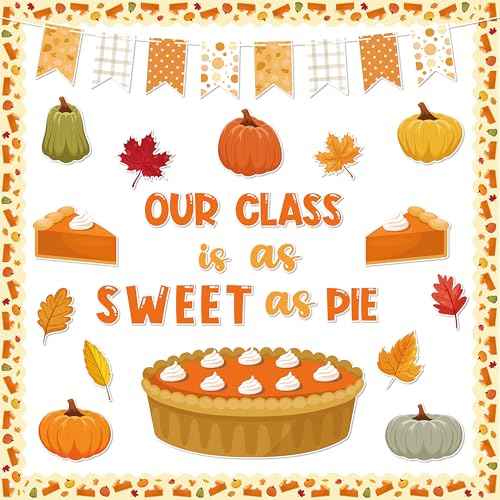 113Pcs Fall Thanksgiving Pie Bulletin Board Classroom Decoration Set Autumn Pumpkin Pie Leaves Cutouts Name Tags Banner Thanksgiving Party Elementary Classroom Chalkboard Supplies Wall Decor