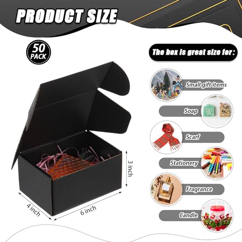 Ireer 50 Pack Black Shipping Boxes Bulk 6 x 4 x 3 Inch Corrugated Cardboard Mailer Boxes for Small Business Mailing Packing Jewelry Ornament Gifts Wrap