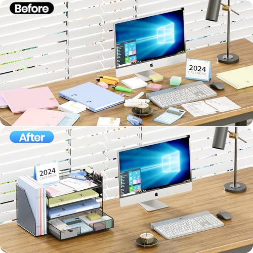 Black 4-Tier Desk Organizer with Drawer & Pen Holders - Office Storage Solution