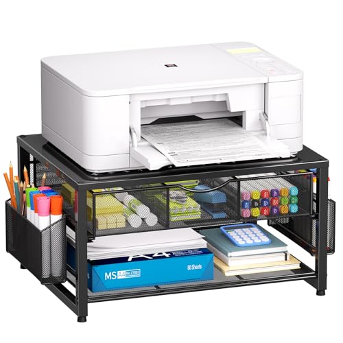 Marbrasse Metal Printer Stand for Desk with Storage Drawer and 2 Pen Holders, 2-Tier Desktop Organizer Printer Table for Home Office, Multi-Purpose Desk Organizer for Fax Machine Scanner Files(Black)