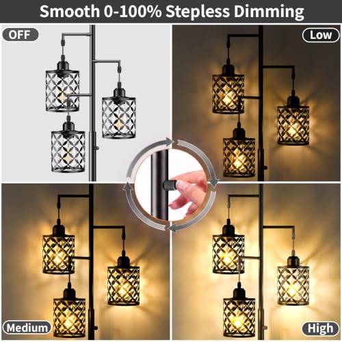 GHOOCEMLUX 68-Inch Black Dimmable Farmhouse Floor Lamp with Quatrefoil Shades, 3 LED Bulbs Included