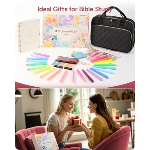 All-in-One Bible Journaling Kit ? Quilted Bible Cover Case for Women, 31 Highlighters, 75 Tabs, Bible Study Supplies & Christian Gift for Women and Teens (Shoulder Strap, Black)