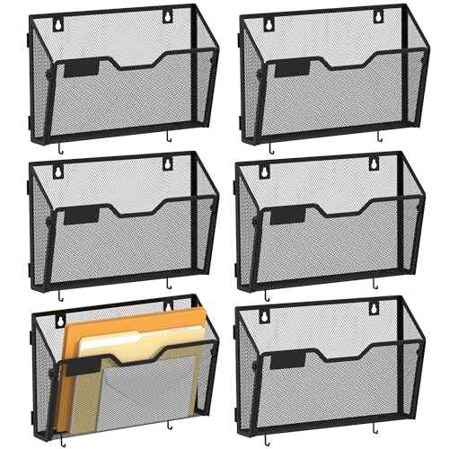 YINGHUA 6 Pack Mesh File Holders Wall Mounted - Durable Metal Hanging Organizer with Hooks - 12.6 Inch Vertical Wall Baskets for Mail Papers Office Home and School Storage - Black