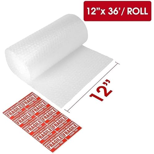 [72 Total Feet] Perforated Bubble Wrap Roll [2 Pack - 12inch x 36ft Rolls] Cushioning Packing Wrap for Moving Shipping Packaging with 10 Fragile Stickers, Clear