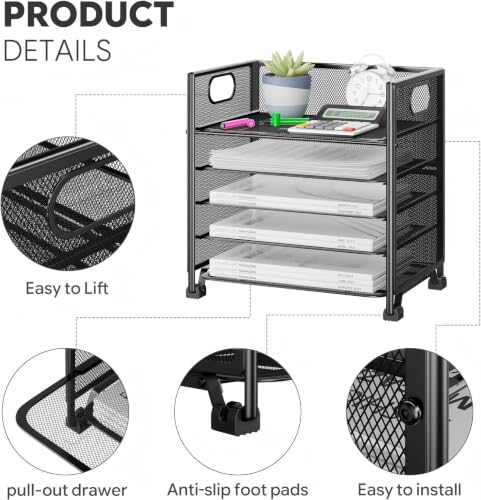 Black 5-Tier Paper Tray Organizer for Desk, 13x9x13 Inches - Office File Storage