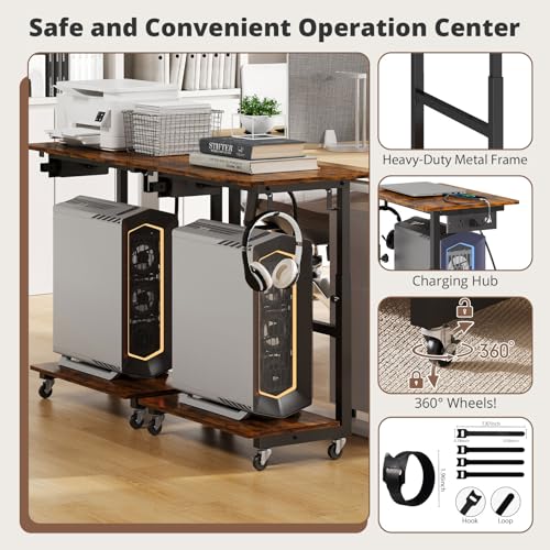 2-Tier Computer Tower Stand with Power Outlet, Height Adjustable PC Tower Stand with Wheels, ATX-Case CPU Holder Cart with Hooks for Home, Office, Gaming (Brown)