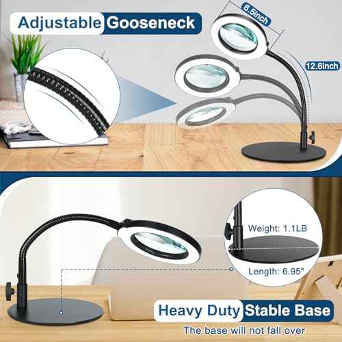 10X Magnifying Glass with Light, Flexible Gooseneck Lighted Magnifier with Stand, 5 Color Modes Dimmable LED Desk Lamp Hands Free for Crafts Painting Sewing Jewelry Reading Close Work