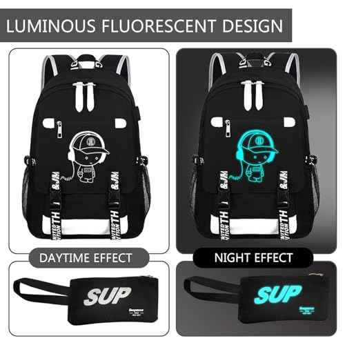Luminous Pattern Travel Laptop Backpack - Adjustable Shoulder Strap Waterproof Black Backpack With Usb Charging Port & Headphone Port School Backpack Includes Pencil Bag,combination Lock