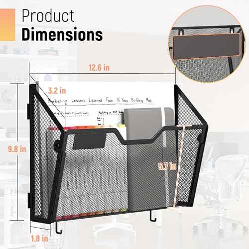 Docnest 3 Pack Magnetic Wall Mounted File Holders,Mesh Letter Organizer with Hooks, Magnetic Hanging Mail Paper Document Organizer for Office, Home, School, Black