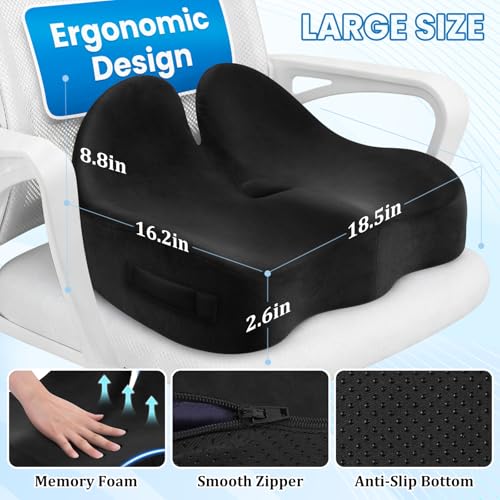 CushZone Large Black Ergonomic Seat Cushion for Sciatica & Office Chair Support