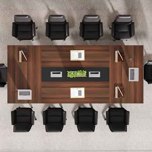 Tribesigns 8ft Conference Table, Modern Office Meeting Room Table with Cable Management, Large Business Seminar Furniture for Boardroom, Walnut and Black
