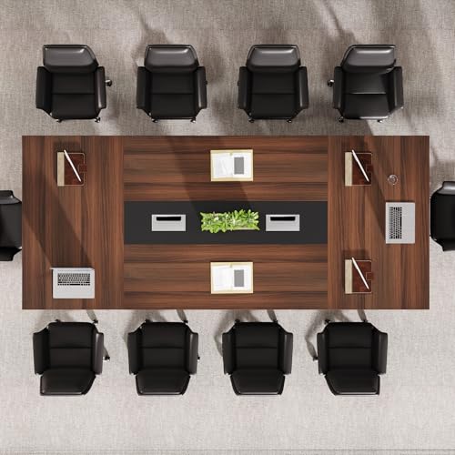 Tribesigns 8ft Conference Table Walnut & Black for 8-10 People - Modern Office Seminar Furniture with Cable Management, Model: Walnut + Black / 1