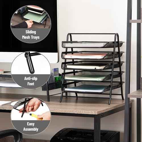 Mind Reader 5-Tier Paper Tray Organizer, Vertical Desktop File Storage Rack, Office, Metal Mesh, Black