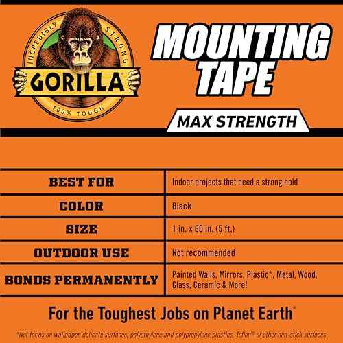 Gorilla¢ç Max Strength Mounting Tape, Double-Sided, Instant Hold, Permanent Bond with Reinforced Strength, 1 inch x 60 inches, Black (Pack of 1)