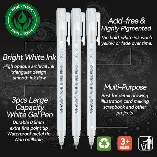 PANDAFLY White Gel Pens, 0.5mm Extra Fine Point Opaque Archival Ink Pen for Journaling, Art, or Drawing - For Artist Gifts, Holiday Gifts & DIY Projects, 3 Pack
