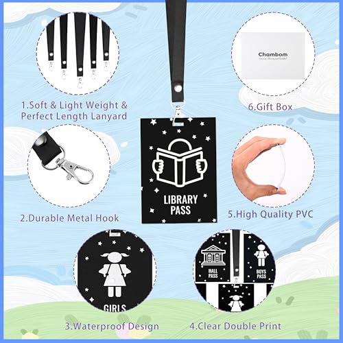 Classroom Hall Passes Set with Lanyards - Durable PVC Student Passes for School Bathroom Library Office Nurse