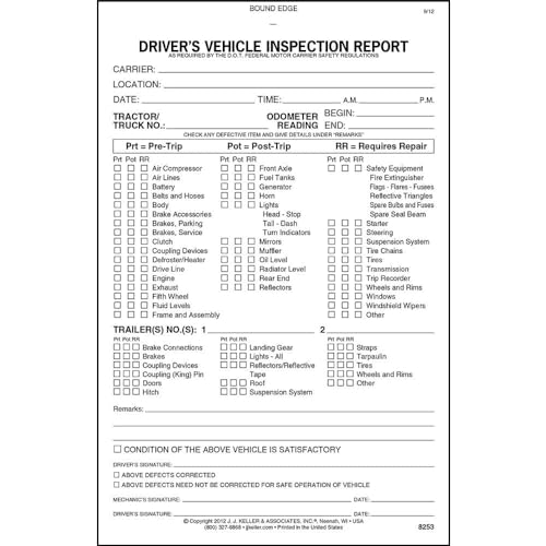 J. J. Keller DVIR Driver Inspection Report 5-Pack – Pre & Post Trip Forms