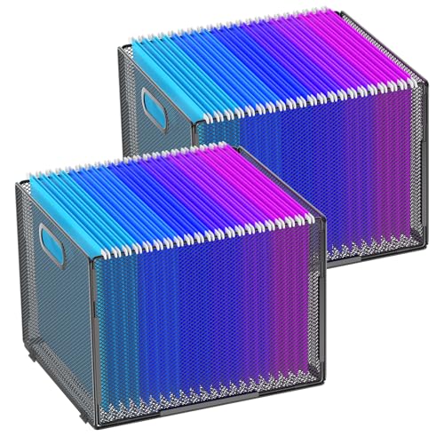 Hanging File Organizer, File Box Organizer with Handle, Metal Mesh Hanging File Folder Box, Letter Size Filing Crate Bin Holder for Home Office Desk(2 Pack)