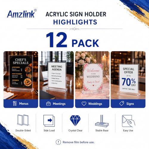 12 Pack Clear Acrylic Sign Holders 8.5x11 Tabletop Display Stands