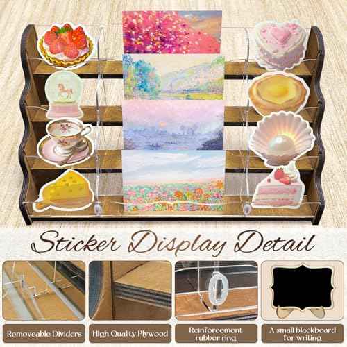 AerWo Sticker Display Stand, Greeting Card Display Stand for Vendor, 4 Tier 16 Shelves Portable Wooden Stickers Display Rack for Retail Counter Events for Postcard Brochure Photos Picture Display